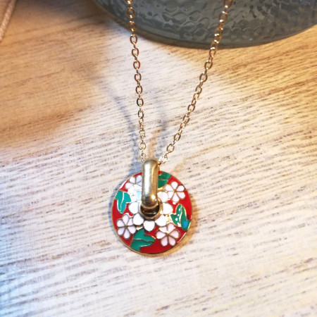 Collier style rétro pendentif rouge émaillé - Bijoux Tendance Femme